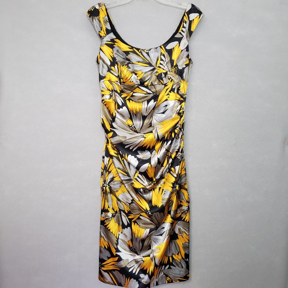 London Times Women 10 Sheath Dress Yellow Black Floral Ruched Cocktail Bodycon